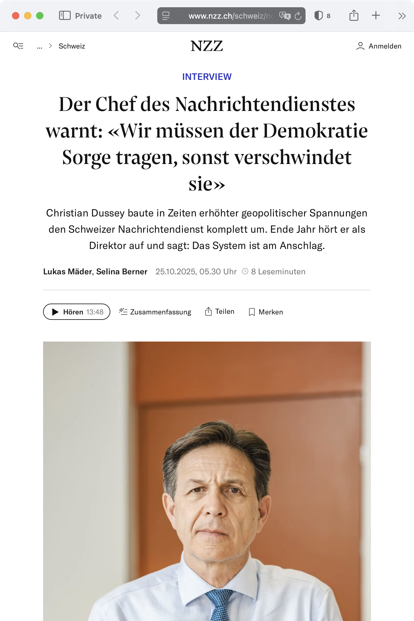 Screenshot: Interview mit Geheimdienst-Direktor Christian Dussey in der Neuen Zürcher Zeitung (NZZ) vom 25. Oktober 2025