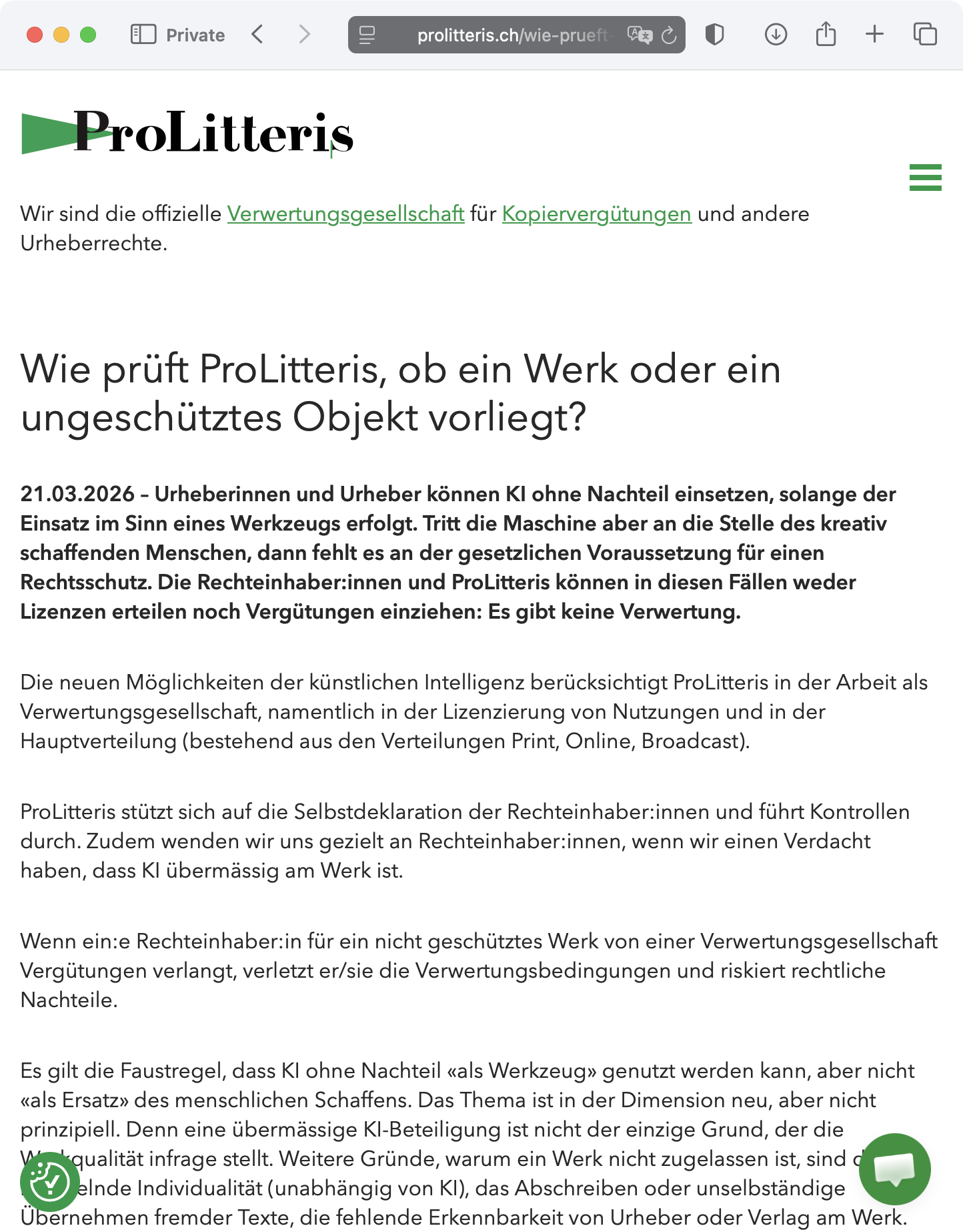 Screenshot: «News»-Beitrag «Wie prüft ProLitteris, ob ein Werk oder ein ungeschütztes Objekt vorliegt?» (Auszug)