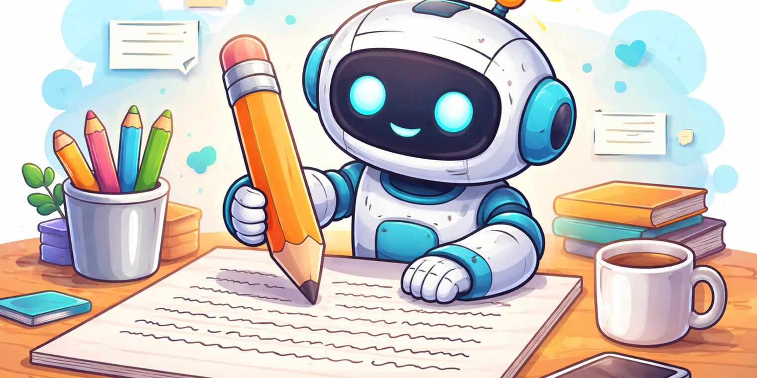 Bild: Ein Roboter schreibt mit einem grossen Bleistift (KI-generiert)