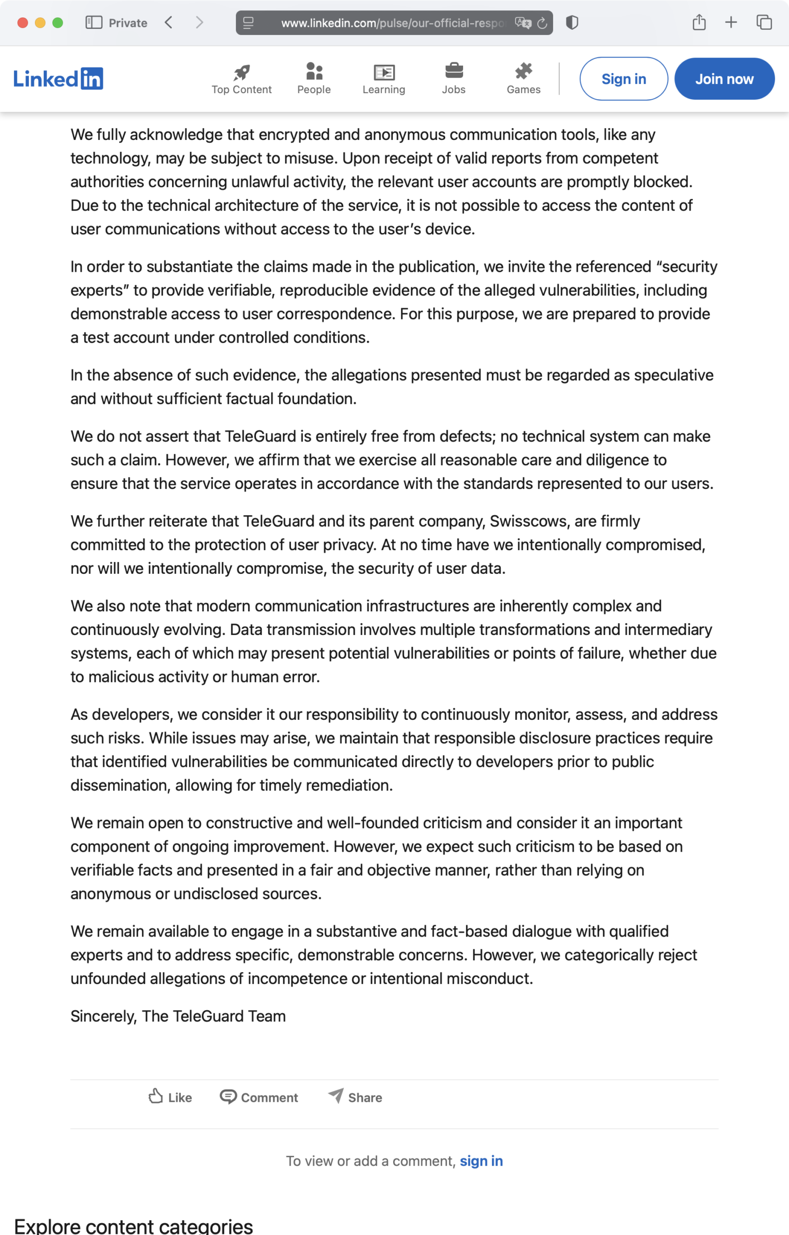 Screenshot: Stellungnahme von Swisscows zur mangelhaften Verschlüsselung bei TeleGuard