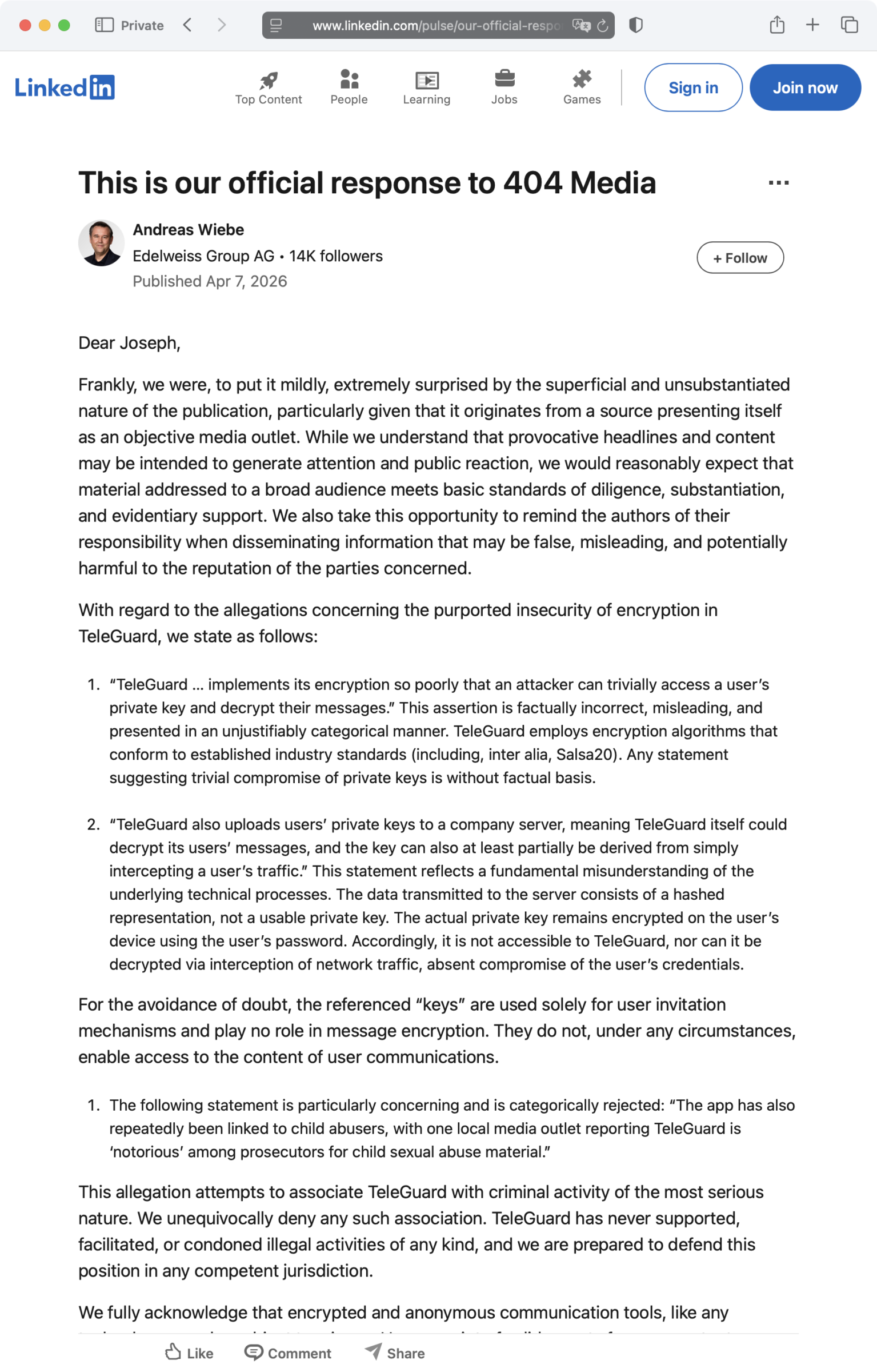 Screenshot: Stellungnahme von Swisscows zur mangelhaften Verschlüsselung bei TeleGuard