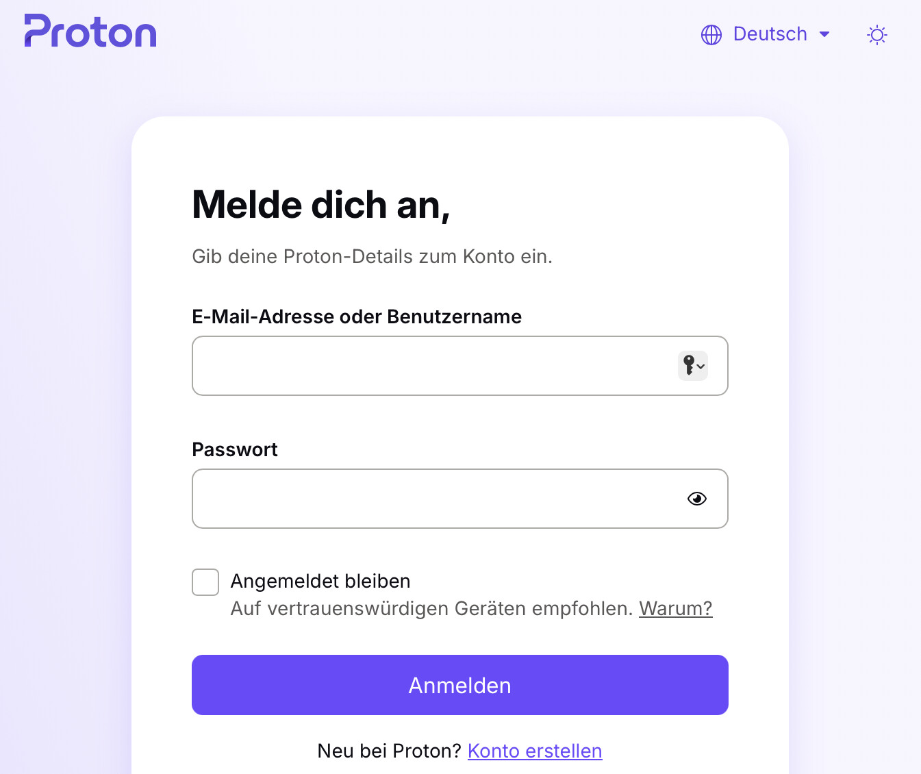 Screenshot: Anmeldeseite bei Proton
