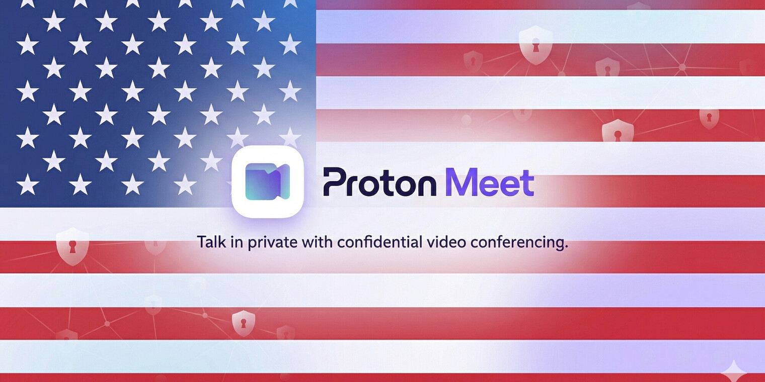 Bild: Logo von Proton Meet vor einer amerikanischen Flagge (KI-generiert)