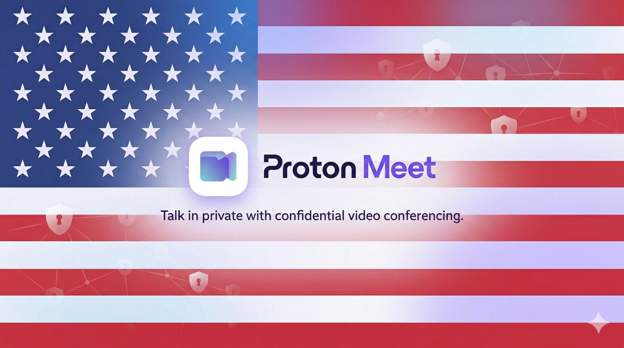 Bild: Logo von Proton Meet vor einer amerikanischen Flagge (KI-generiert)