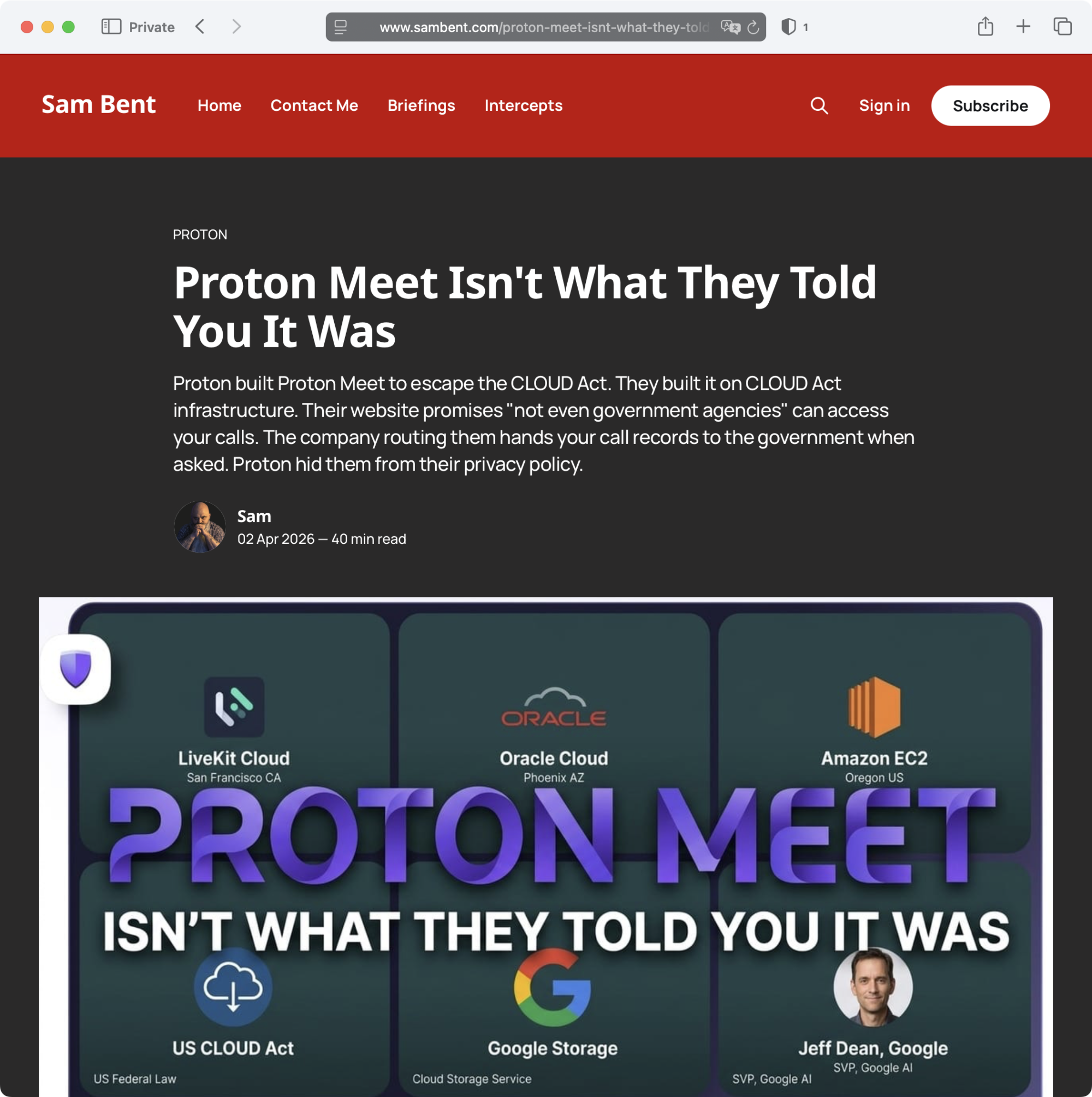 Screenshot: Blog-Beitrag von Sam Bent über Proton Meet (Auszug)