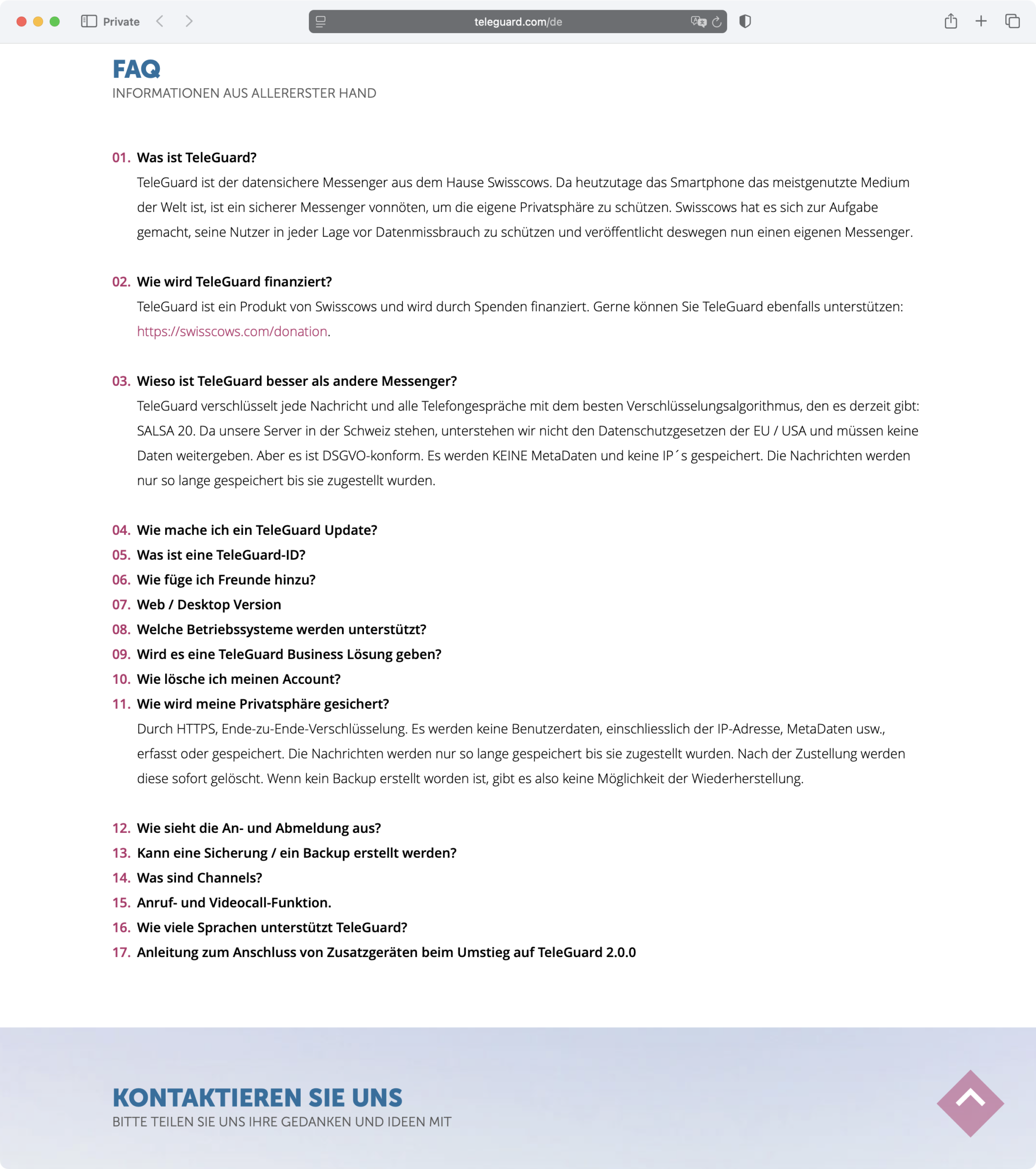 Screenshot: FAQ für TeleGuard (Auszug)