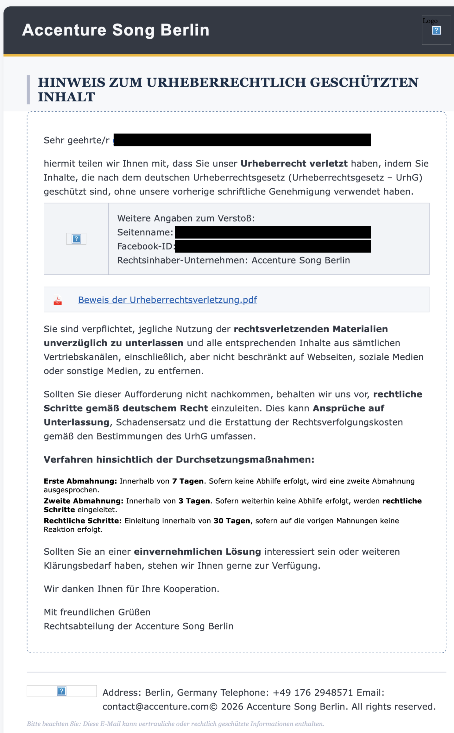 Screenshot: Gefälschte Facebook-Abmahnung im Namen von «Accenture Song Berlin»