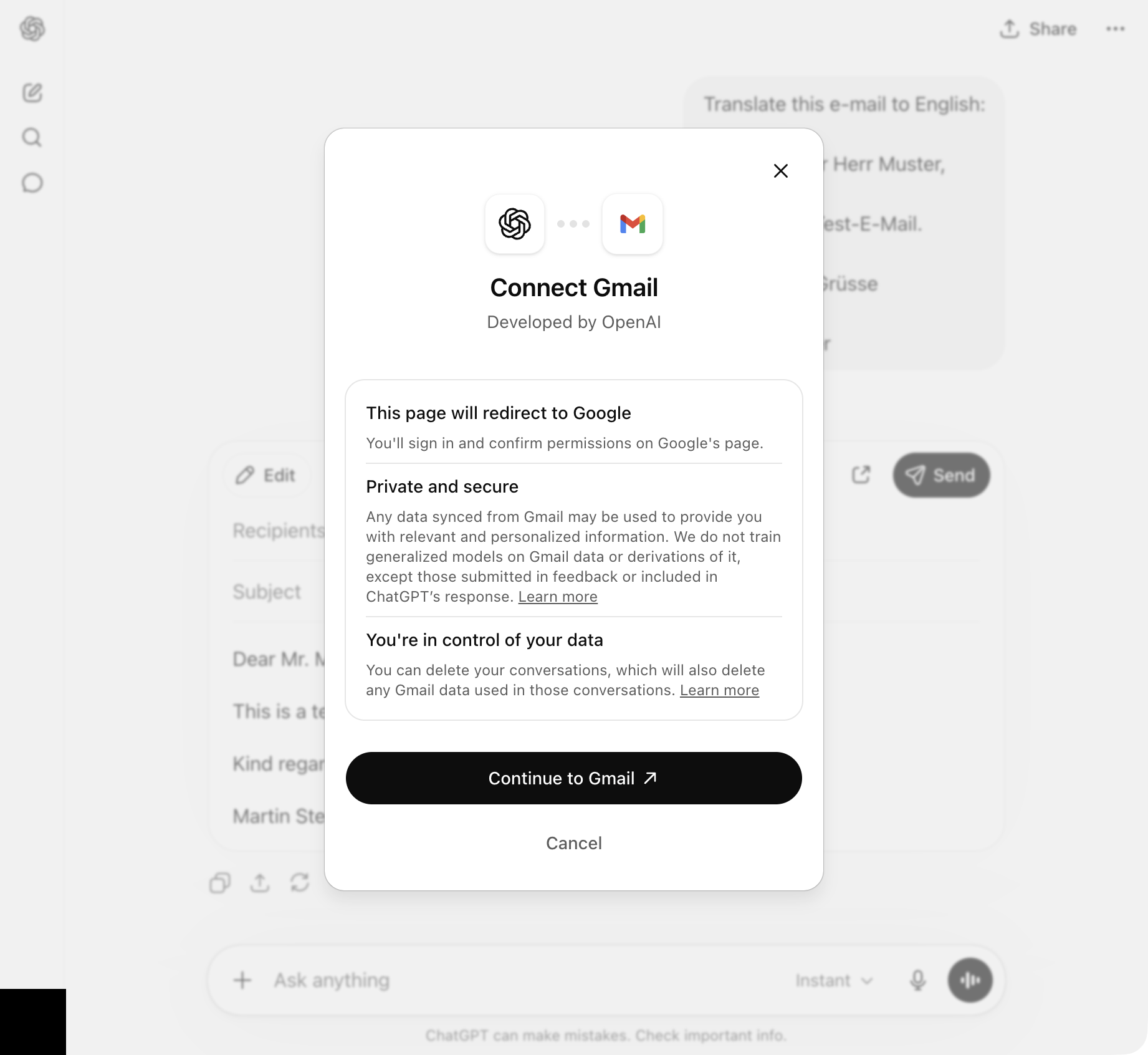 Screenshot: E‑Mail-Versand mit ChatGPT und Gmail