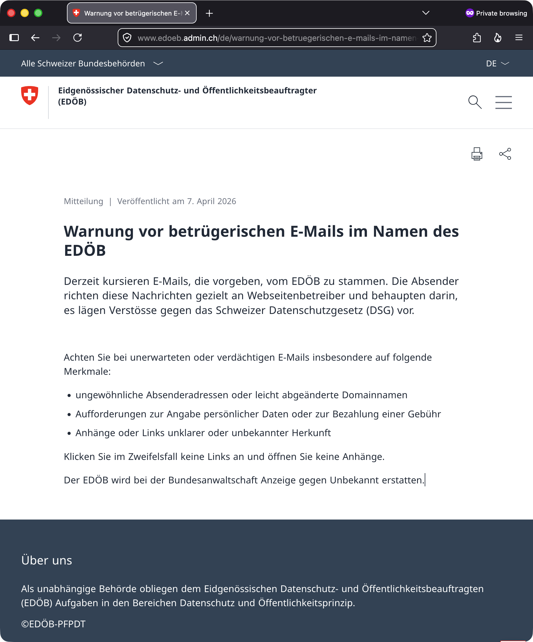 Screenshot: Mitteilung «Warnung vor betrügerischen E-Mails im Namen des EDÖB» vom 7. April 2026
