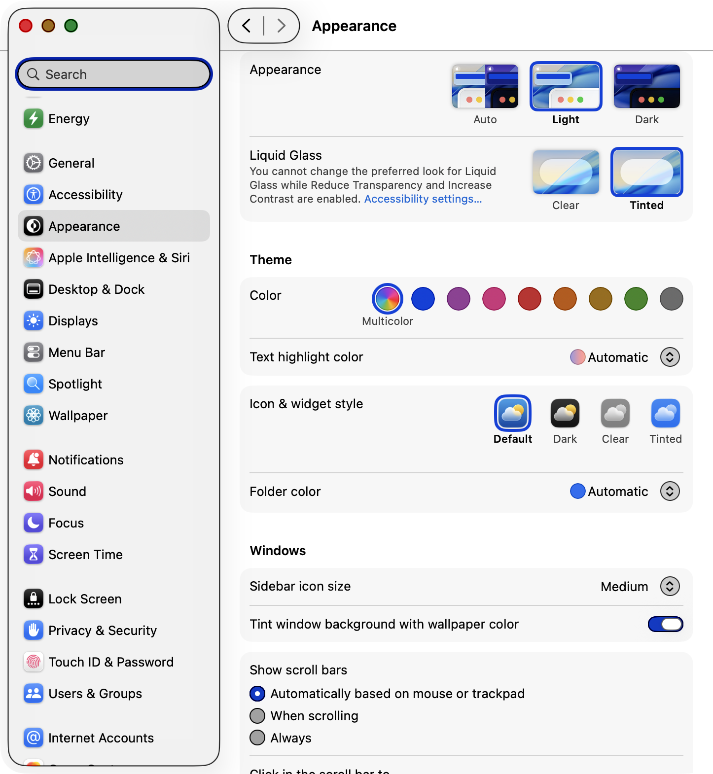 Screenshot: «Liquid Glass»-Einstellung in MacOS Tahoe