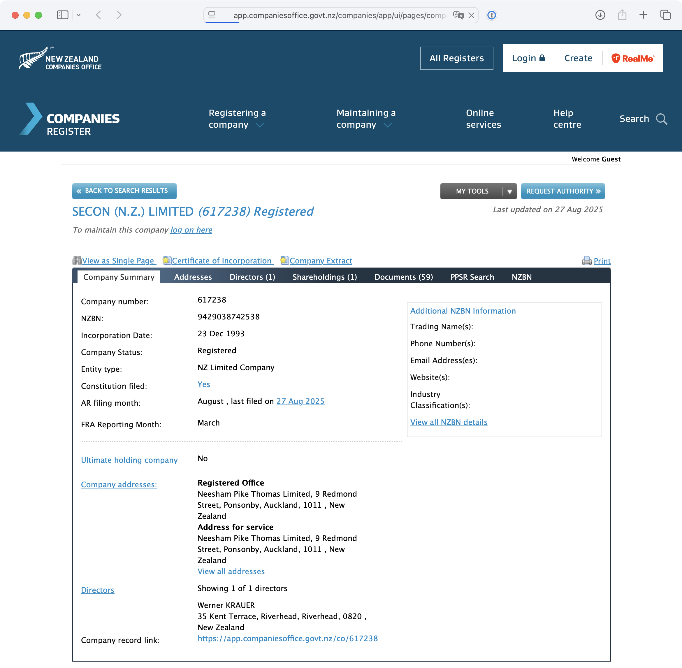Screenshot: SECON (N.Z.) Limited im neuseeländischen Handelsregister