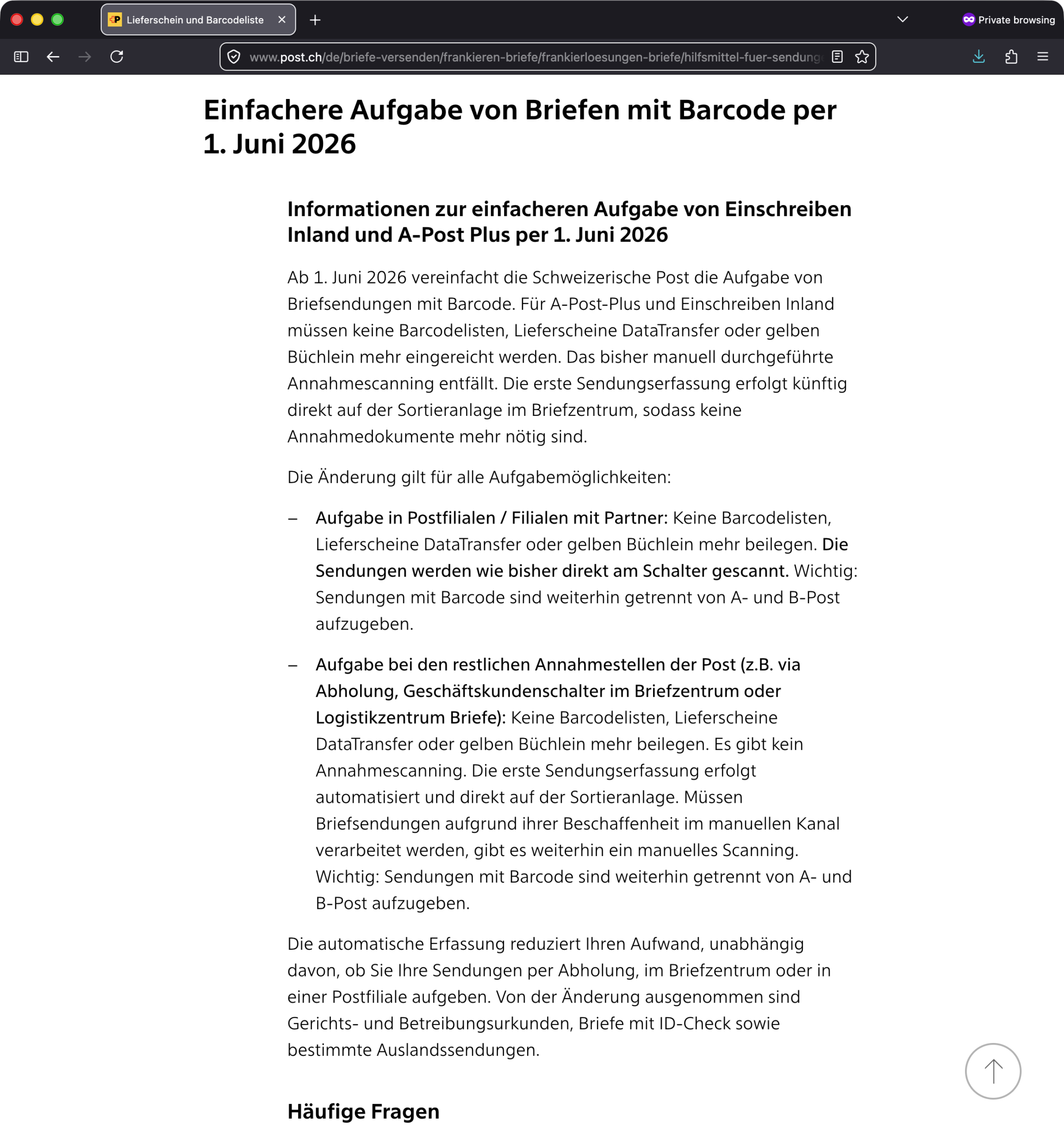 Screenshot: Aktualisierte Mitteilung «Einfachere Aufgabe von Briefen mit Barcode per 1. Juni 2026» der Schweizerischen Post (Auszug)