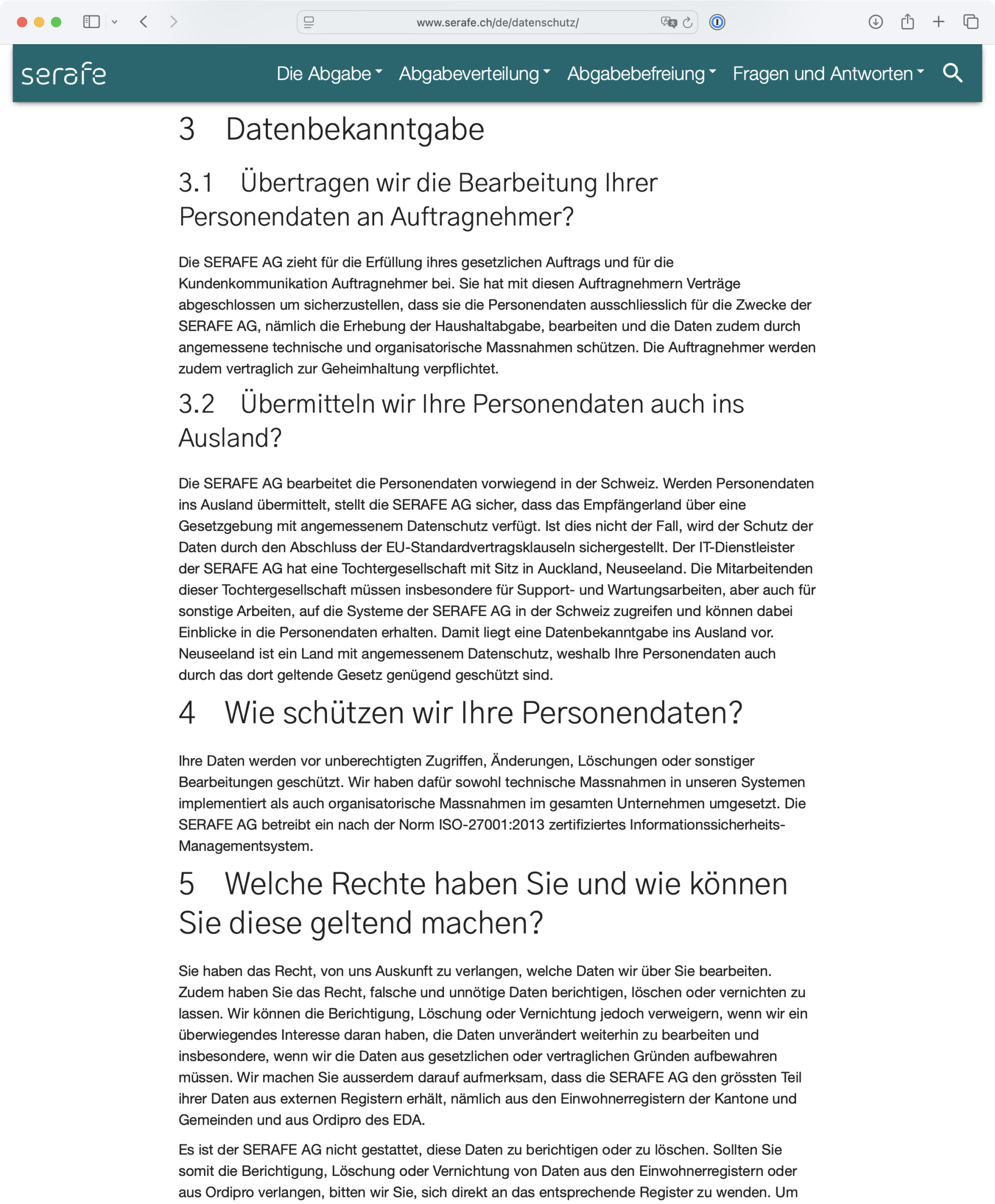 Screenshot: Auszug aus der Datenschutzerklärung der Serafe AG