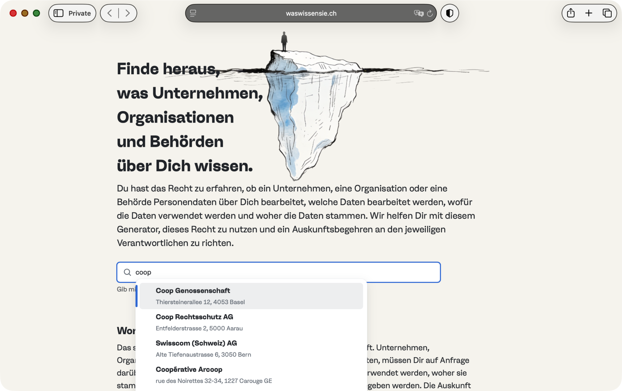 Screenshot: Onlinedienst «waswissensie» für Auskunftsbegehren gemäss schweizerischem Datenschutzrecht