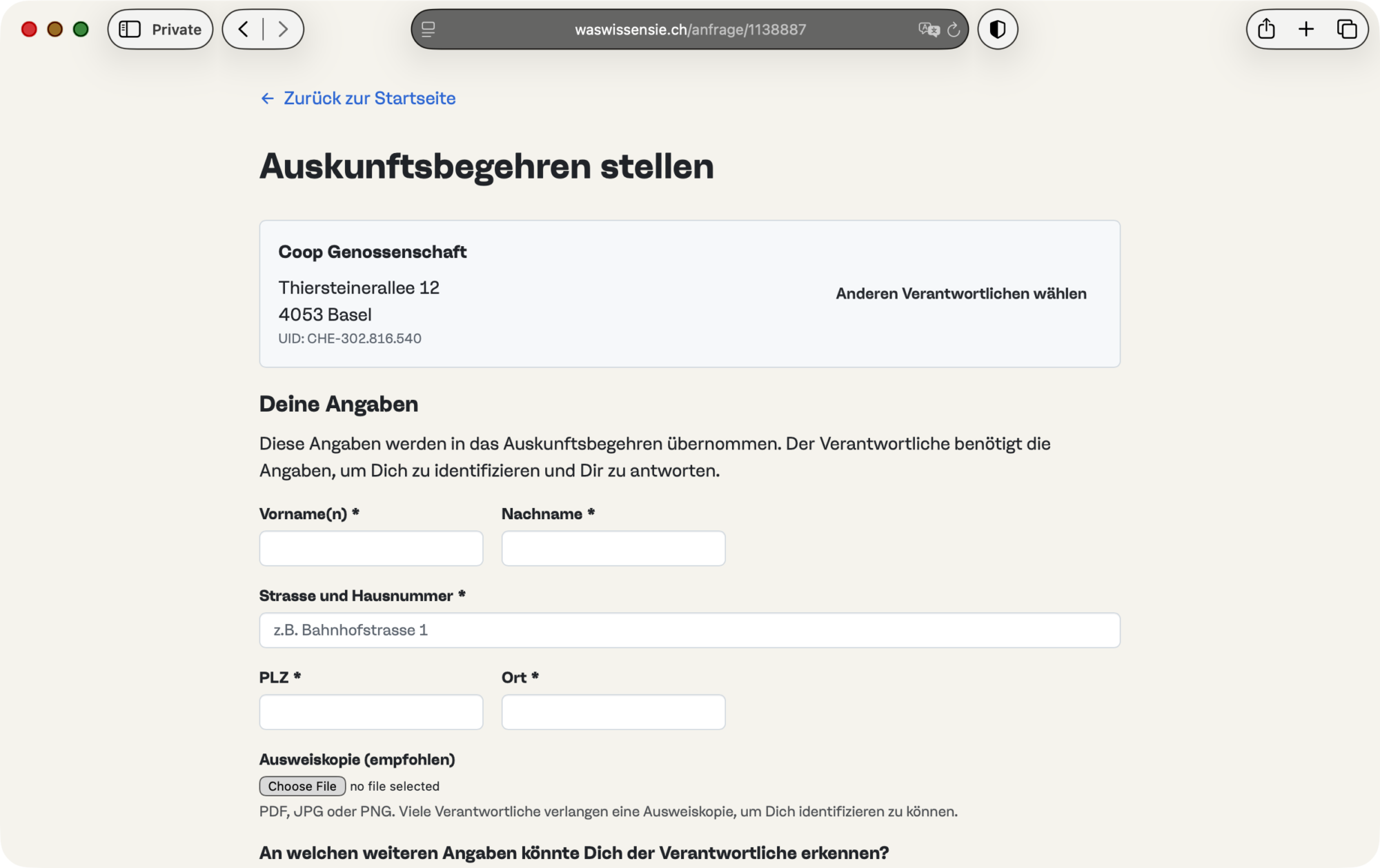 Screenshot: Onlinedienst «waswissensie» für Auskunftsbegehren gemäss schweizerischem Datenschutzrecht