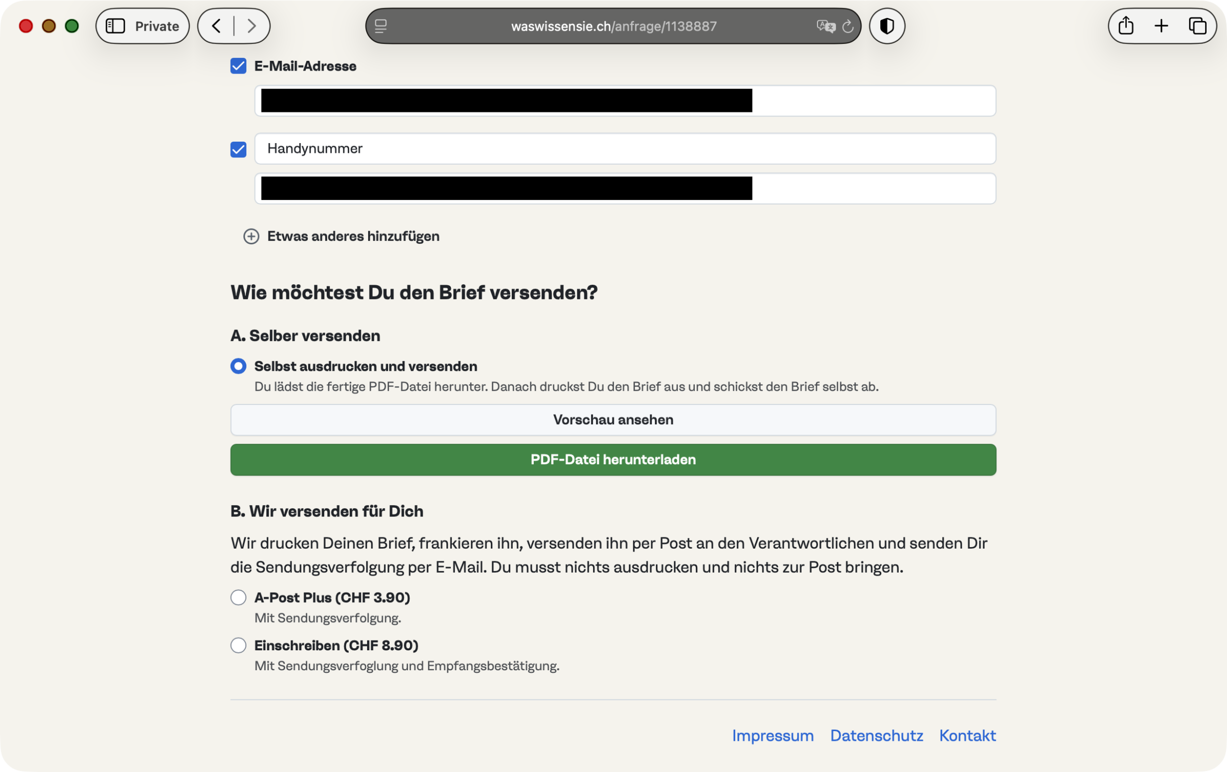 Screenshot: Onlinedienst «waswissensie» für Auskunftsbegehren gemäss schweizerischem Datenschutzrecht