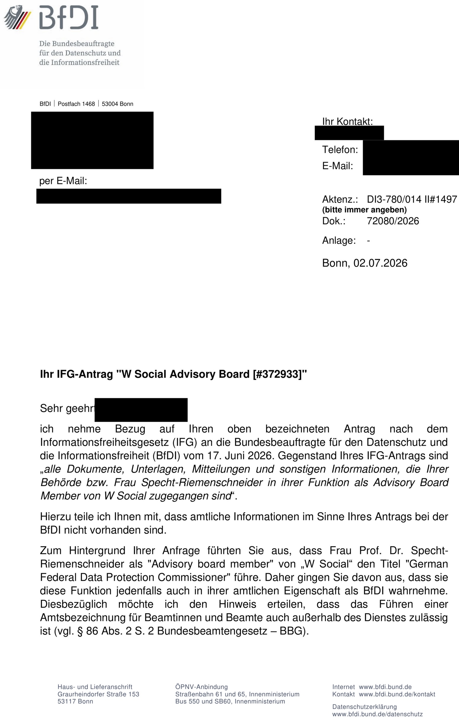 Dokument: Antwort der deutschen Bundesdatenschutzbeauftragten an «FragDenStaat» betreffend «W Social»