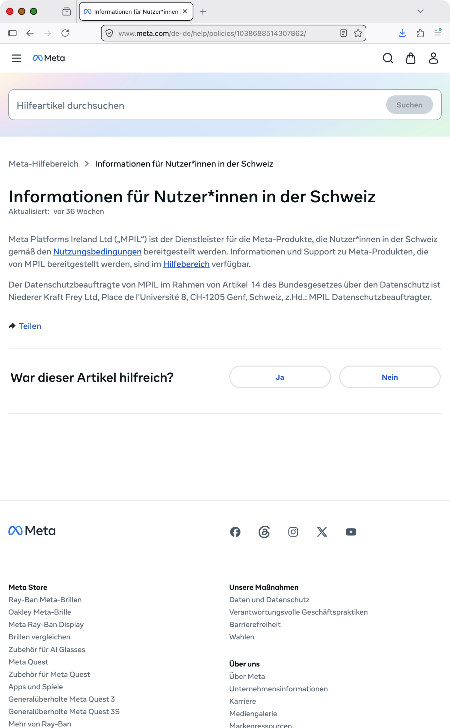 Screenshot: Angaben von Meta zur schweizerischen Datenschutz-Vertretung
