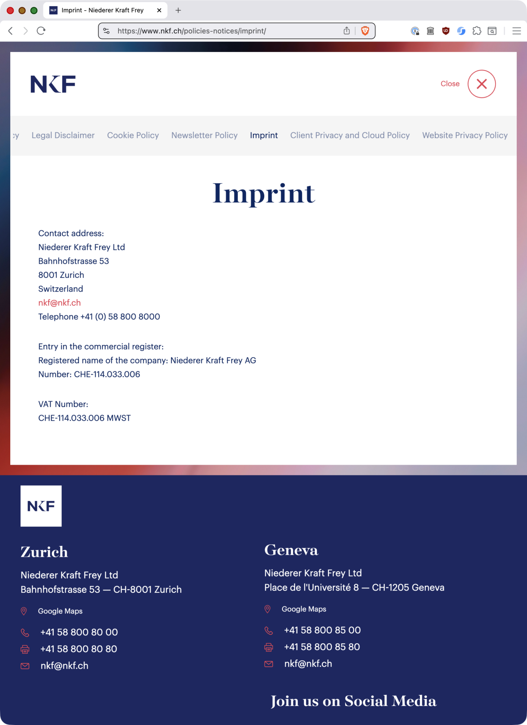 Screenshot: Impressum der Anwaltskanzlei Niederer Kraft Frey (NKF)