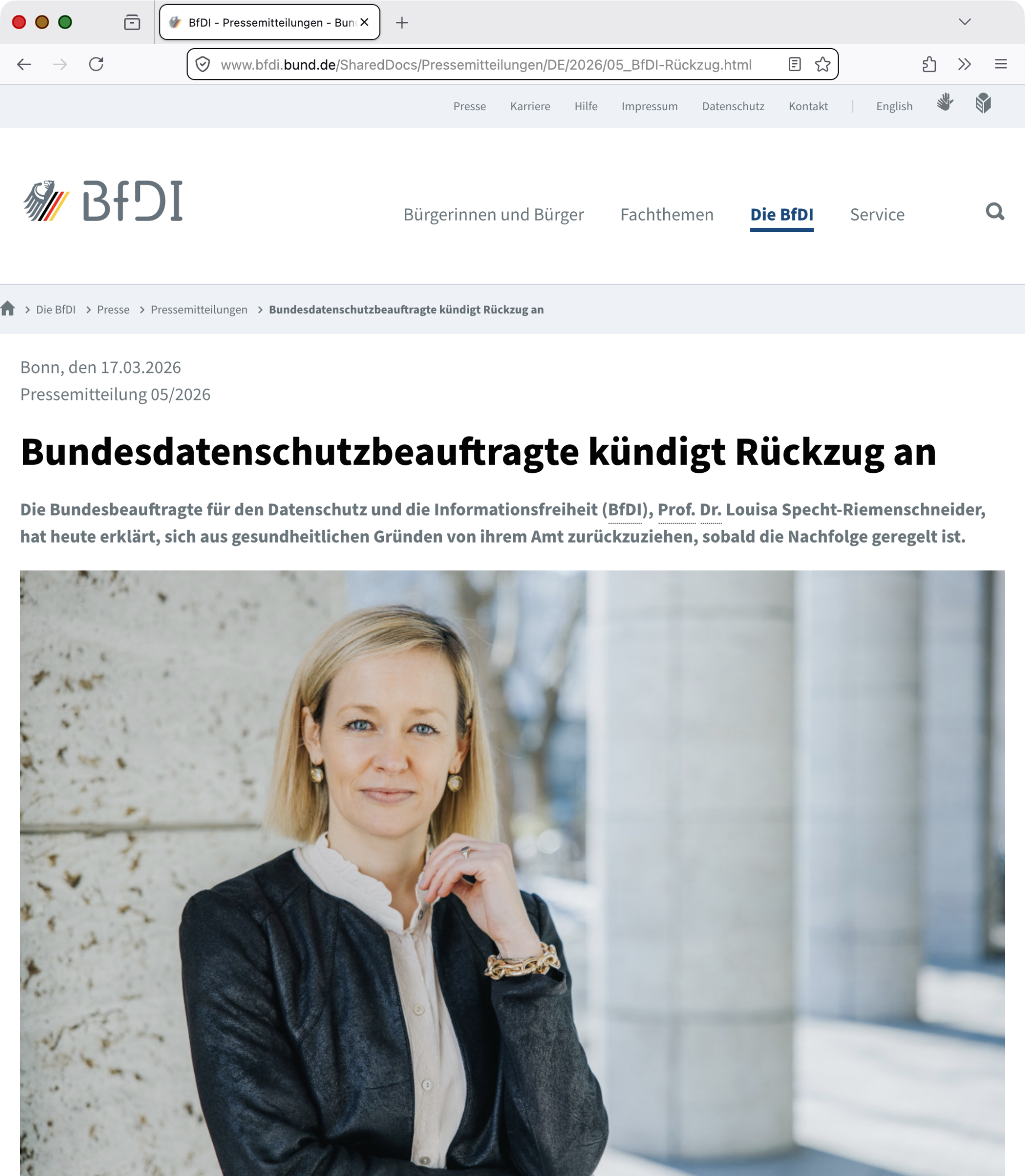 Screenshot: Rücktrittserklärung von Louisa Specht-Riemenschneider am 17. März 2026