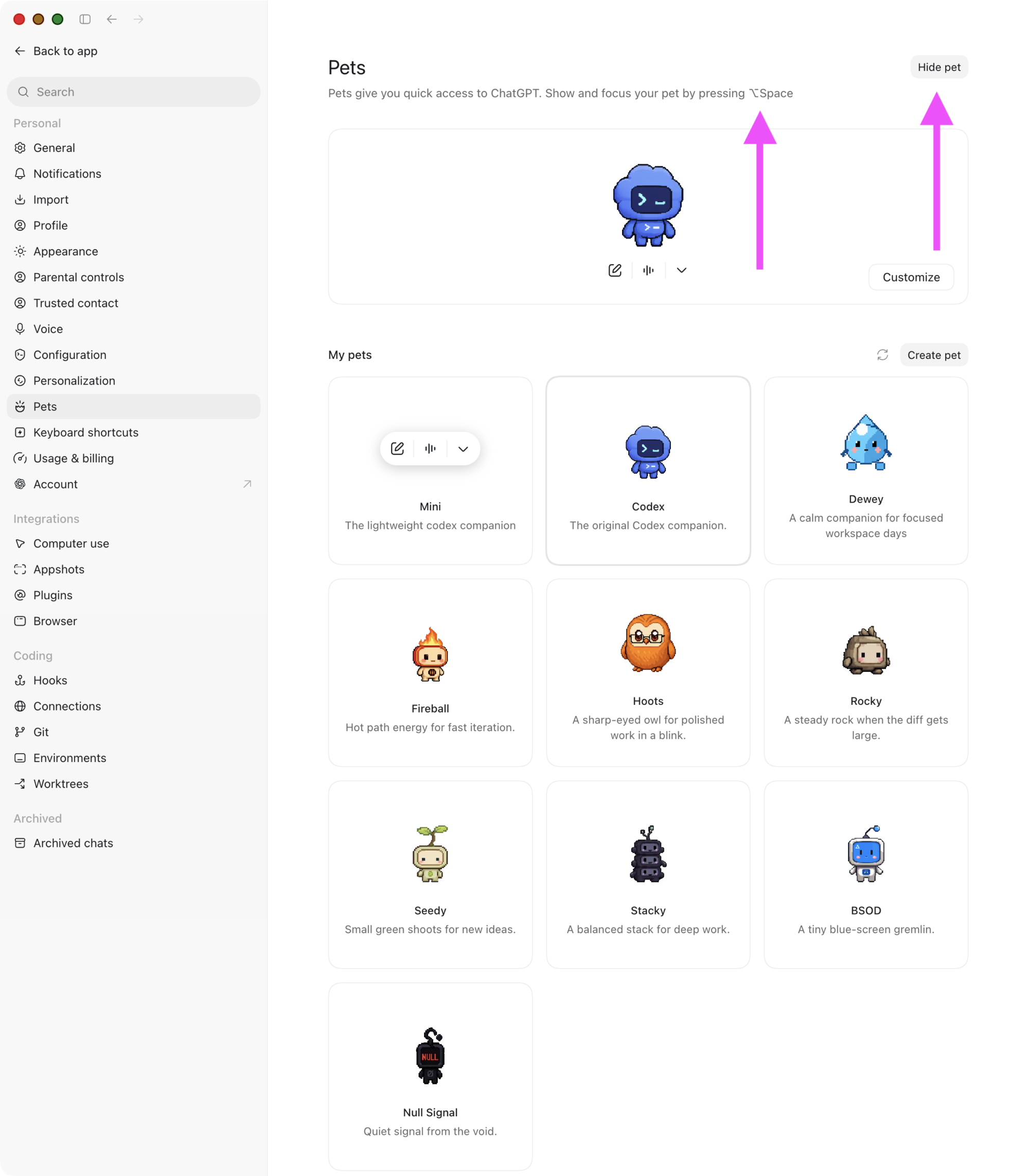 Screenshot: «Pets» in den Einstellungen der Desktop-App von ChatGPT