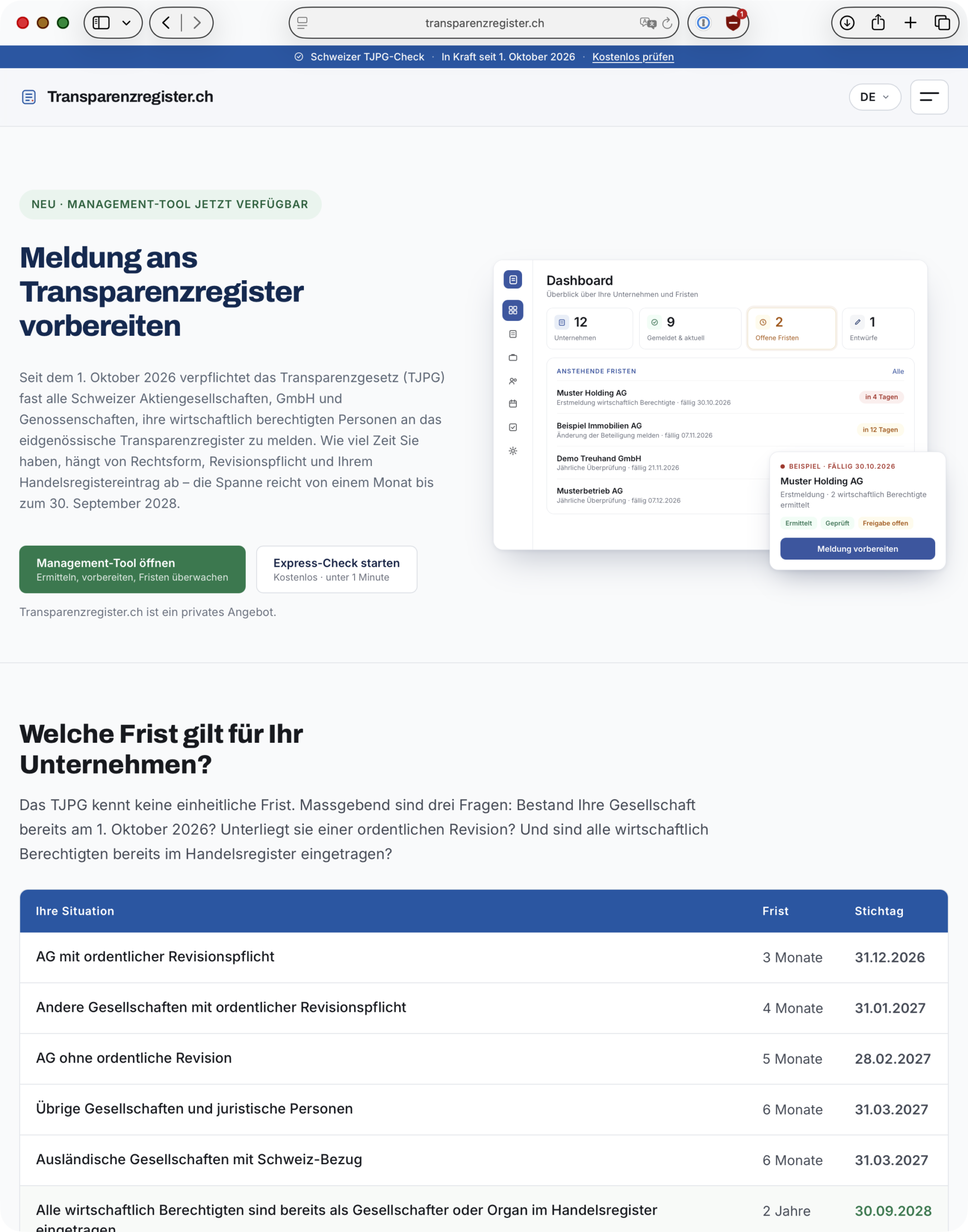 Screenshot: Website unter transparenzregister.ch